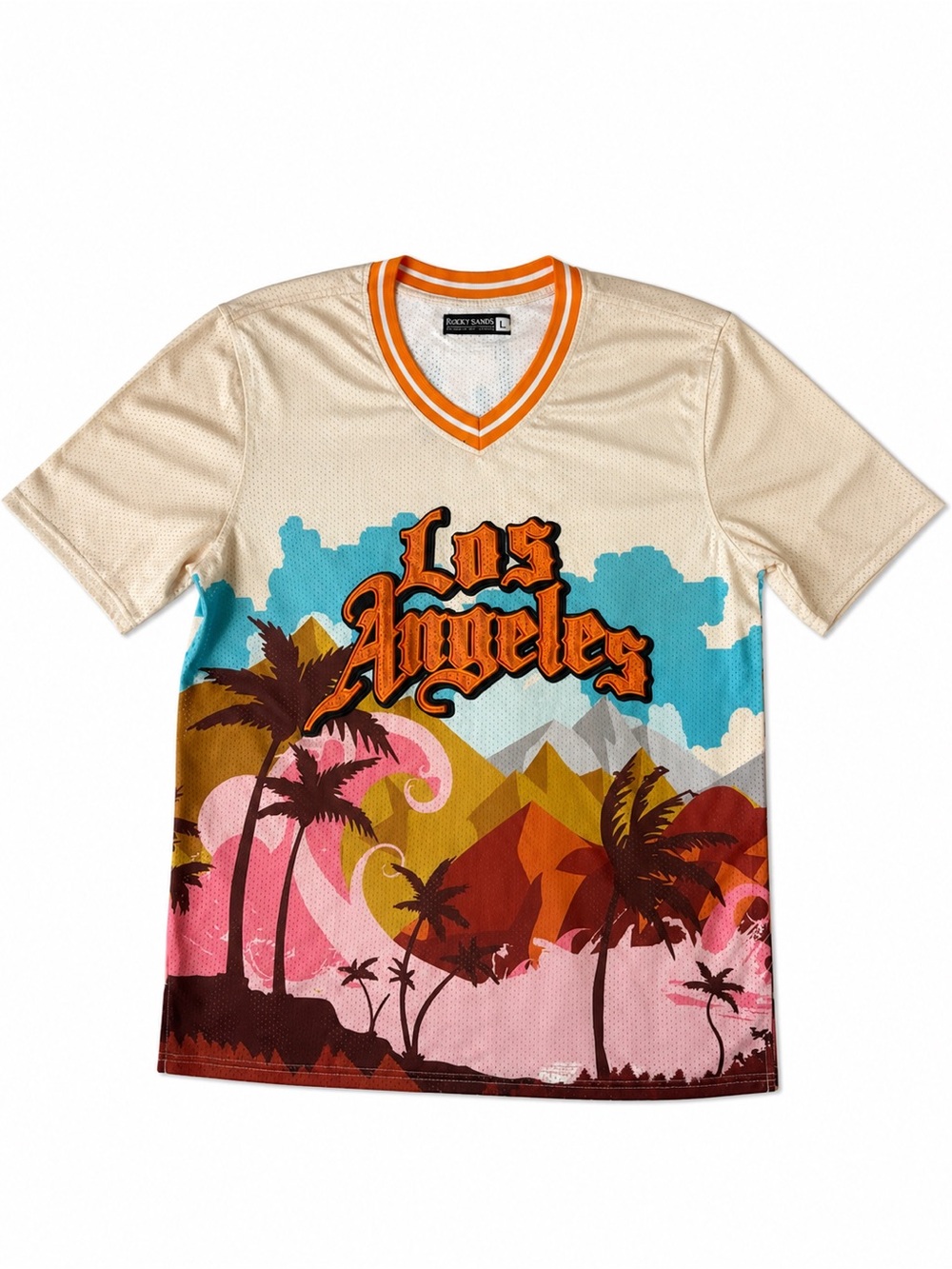 Rebel Minds Los Angeles Mesh Jersey Graphic Tee L Palm Trees Y2K Streetwear